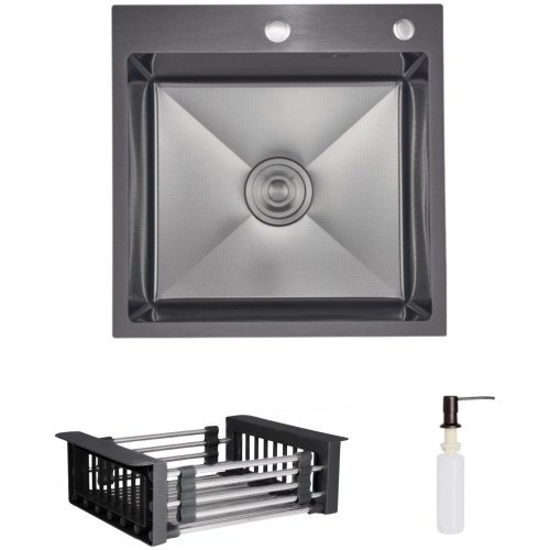 Комплект Lidz Handmade H5050HB Мийка для кухні інтегрована Decor Black PVD Honeycomb у комплекті з дозатором + Lidz LIDZK01B Корзина для кухонної мийки