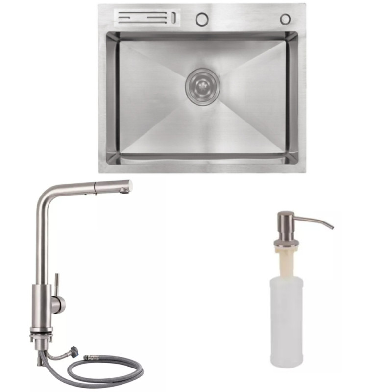 Набор 3в1 мойка для кухни с полкой для ножей lidz handmade lh5050t + смеситель для кухни lidz aria 015fl1 nickel + дозатор