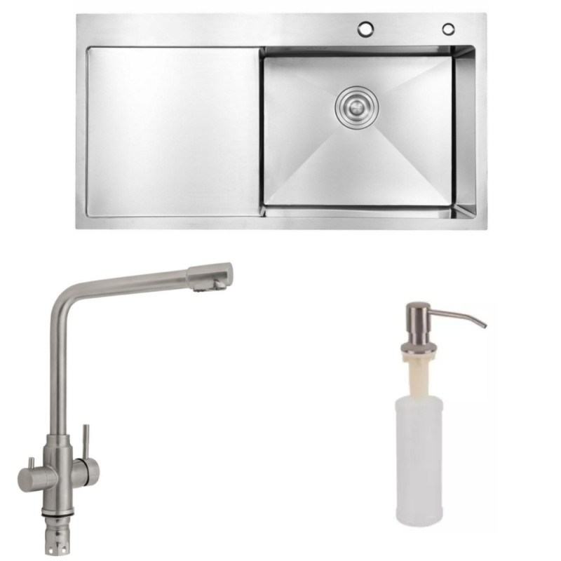 Набір 3в1 мийка для кухні lidz handmade h7849l + змішувач для кухні lidz aria 020f1 nickel + дозатор