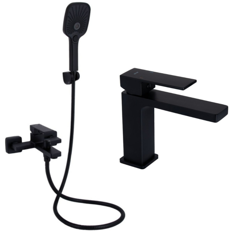 Набір 2в1 змішувач для ванни qtap gemini (з душовим гарнітуром) qtgem259blm45682 black matt + змішувач для раковини qtap gemini qtgem270blm45674 black matt