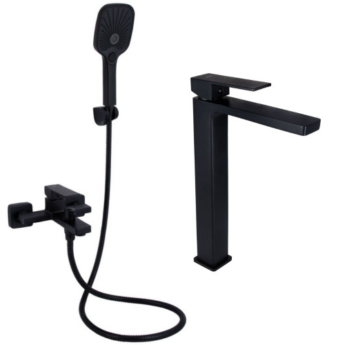Набір 2в1 змішувач для ванни qtap gemini (з душовим гарнітуром) qtgem259blm45682 black matt + змішувач для раковини qtap gemini високий qtgem269blm45678 black matt