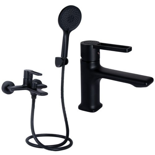 Набор 2в1 смеситель для ванны qtap taurus (c душевым гарнитуром) qttau259blm45662 black matt + смеситель для раковины qtap taurus qttau270blm45660 black matt