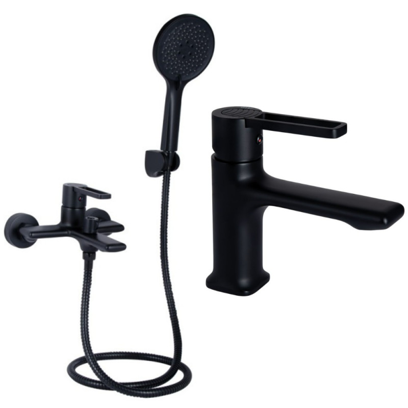Набор 2в1 смеситель для ванны qtap taurus (c душевым гарнитуром) qttau259blm45662 black matt + смеситель для раковины qtap taurus qttau270blm45660 black matt